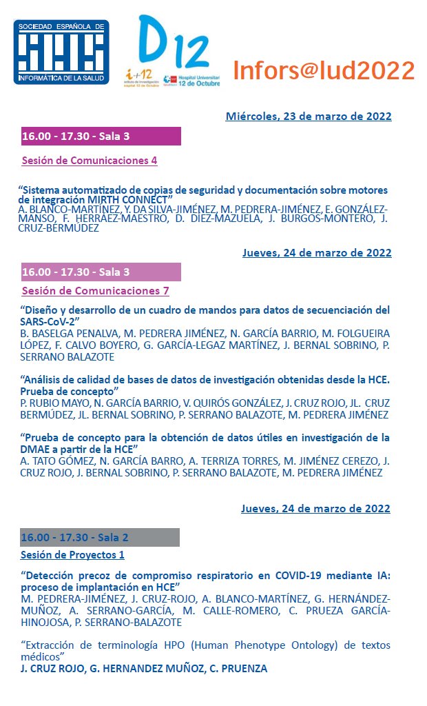 Data Science Unit i+12 H12O (@datadoce) on Twitter photo La Unidad de #CienciaDeDatos del Hospital 12 de Octubre <a href="/DataDoce/">Data Science Unit i+12 H12O</a> estará la próxima semana en #INFORSALUD2022 de la <a href="/SEISeSalud/">SEIS eSalud</a> presentando, nada más y nada menos que, seis comunicaciones. ¡¡Os esperamos!! <a href="/UAI_imas12/">UAI_imas12</a> <a href="/MPedreraJimenez/">Miguel Pedrera Jiménez</a> <a href="/pabloserranob/">Pablo Serrano Balazote</a> <a href="/jotaelecruz/">Juan Luis Cruz, PhD 🌍🇪🇺🇪🇸</a> <a href="/PilarNotario1/">Pilar Notario</a> La Unidad de #CienciaDeDatos del Hospital 12 de Octubre <a href="/DataDoce/">Data Science Unit i+12 H12O</a> estará la próxima semana en #INFORSALUD2022 de la <a href="/SEISeSalud/">SEIS eSalud</a> presentando, nada más y nada menos que, seis comunicaciones. ¡¡Os esperamos!! <a href="/UAI_imas12/">UAI_imas12</a> <a href="/MPedreraJimenez/">Miguel Pedrera Jiménez</a> <a href="/pabloserranob/">Pablo Serrano Balazote</a> <a href="/jotaelecruz/">Juan Luis Cruz, PhD 🌍🇪🇺🇪🇸</a> <a href="/PilarNotario1/">Pilar Notario</a>