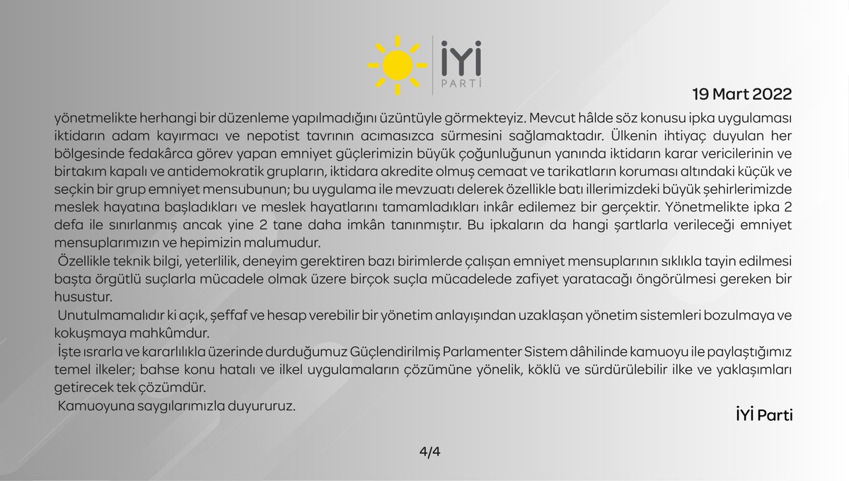 iyiparti's tweet photo. Emniyet Hizmetleri Sınıfı Mensupları Atama ve Yer Değiştirme Yönetmeliğinde Değişiklik Yapılmasına Dair Yönetmelik hakkında basın açıklamamız... https://t.co/Nqp0ciZy46