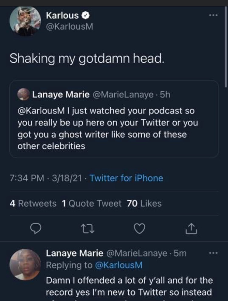 MarieLanaye's tweet photo. A year ago today I made this post and @KarlousM shared it, I was new to Twitter but understand I’m a 85 SouthShow supporter and fan, I love me some Karlous 😍🥰 https://t.co/NGtNUINe6q