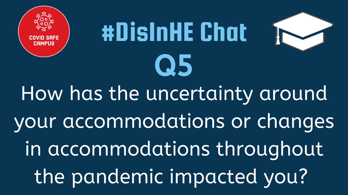 DisInHigherEd's tweet image. Q5: How has the uncertainty around your accommodations or changes in your accommodations throughout the pandemic impacted you?

Use #DisInHEChat in your responses! Feel free to DM us or @COVIDSafeCampus if you have anonymous answers. Answer questions at your own pace.