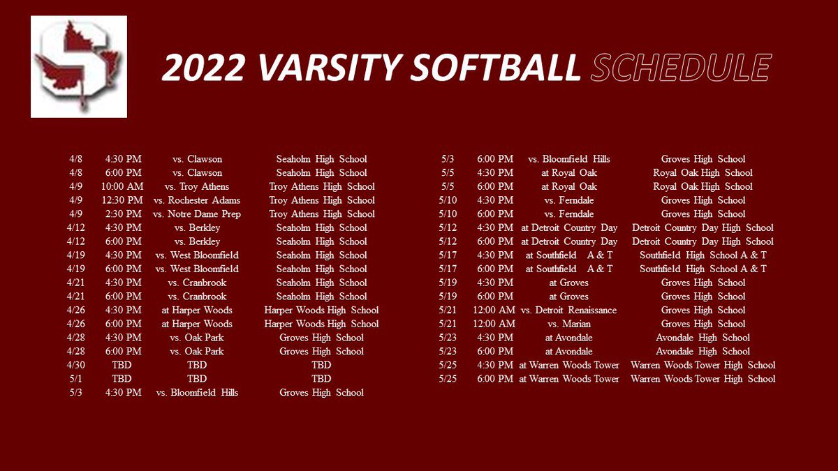 MaplesSoftball's tweet photo. Your 2022 Seaholm Maples Varsity Softball Schedule! #maplessoftball #mapleforest #mhsaa https://t.co/ueydz1bPaK