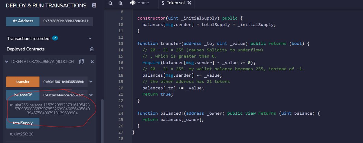 PaulChenTech's tweet photo. In this #smartcontract #Hacking game, I was able to increase my token amount to 1.2 * 10^77 even though the total supply was initially set at 20. This is due to the #underflow bug in #Solidity without #safemath library. https://t.co/43vPQAthUH