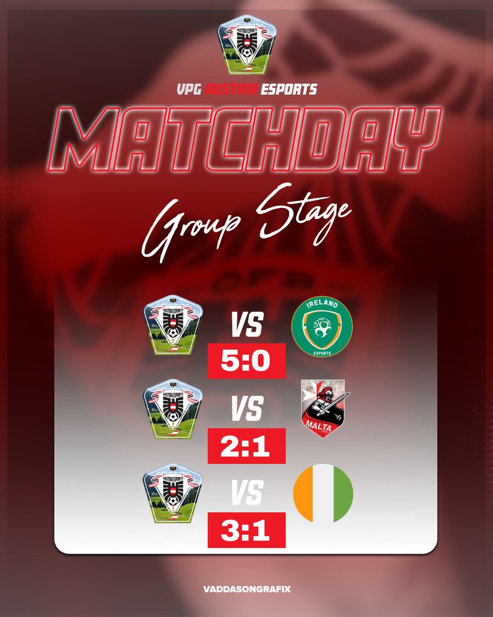 International eLeague Ergebnisse🏆 

26.02.2022
Ergebnisse:

🇦🇹 vs 🇮🇪Ireland Esports 5:0✅

🇦🇹Austria Esports 2:1 🇲🇹Malta Esports✅

🇦🇹Austria Esports 3:1 🇨🇮Ivory Coast Esports ✅

<a href="/OfficialVPG/">Virtual Pro Gaming</a> <a href="/VPGEurope/">Virtual Pro Gaming | Europe</a>