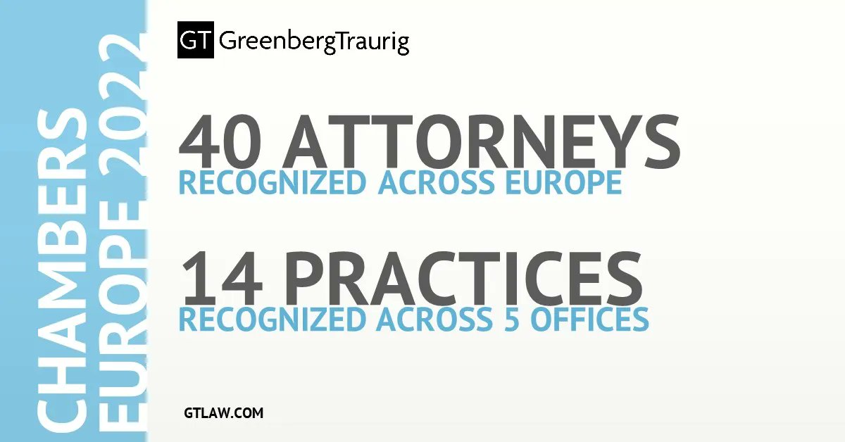 GT_Law's tweet photo. Forty attorneys and 14 practices from across @GT_Law's five European offices are recognized in the 2022 edition of the legal services directory Chambers Europe from @ChambersGuides. Click here to read more: https://t.co/5x6F6AOS7r. #ChambersGuides #ChambersEurope #GTNews https://t.co/IMydSErY0I