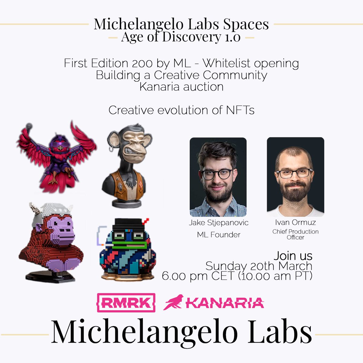 MichelangeloLb's tweet photo. ๐ฏSet reminder for my first Spaces - Age of Discovery 1.0 - Whitelist, Roadmap, Art Workshop, Discord & more๐ฟ
@jakedoesfuture founder ML
@chvonglica CPO, ML
@RmrkApp's @bitfalls (tbd)
๐ Sun 20th Mar
โฐ6.00 PM CET/10.00 AM PT
โก๏ธThis: https://t.co/xk8KBcWP95
#FirstEdition200 https://t.co/C2cC6Bx8yA