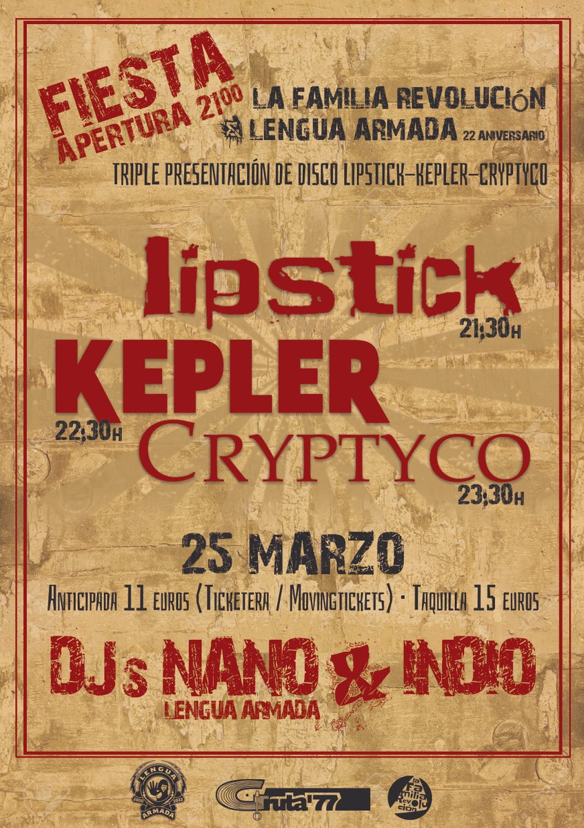 gruta77madrid's tweet photo. Alimenta tus oídos esta semana que viene:
@rodhermusic @cardinal_rojo @keplerpunkrock  #Lipstick #Cryptyco @lenguaarmada #FamiliaRevolución @muckandthemires @Foulermadrid #Homenaje #DjangoReinhardt con @DiegoAraozZ , #SimónGumbo y #AlejandroOllero "Pollo" https://t.co/GFGe1DXNrH