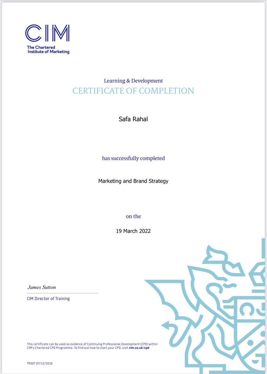 SafaRahal's tweet photo. 2nd certificate from @cim_marketing a much needed refresher course #Marketing #BrandStrategy #OnlineCourse https://t.co/lW16ygYi72