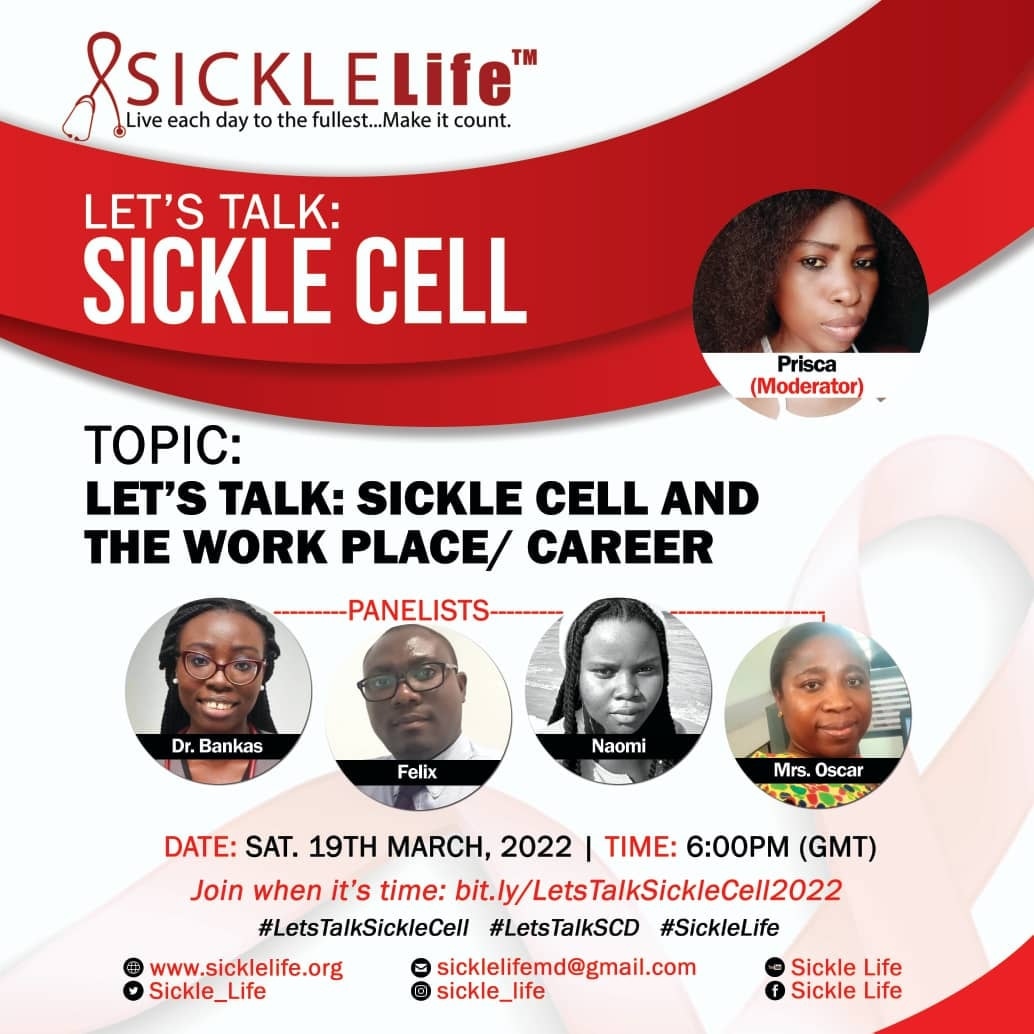 Sickle_Life's tweet photo. Welcome to this evening's discussion on #LTSCD. We're tackling Sickle Cell Disease &amp; the work place/Career.
#SickleCellDisease #SCD #SickleLife #Ghana https://t.co/PKLMOB609M