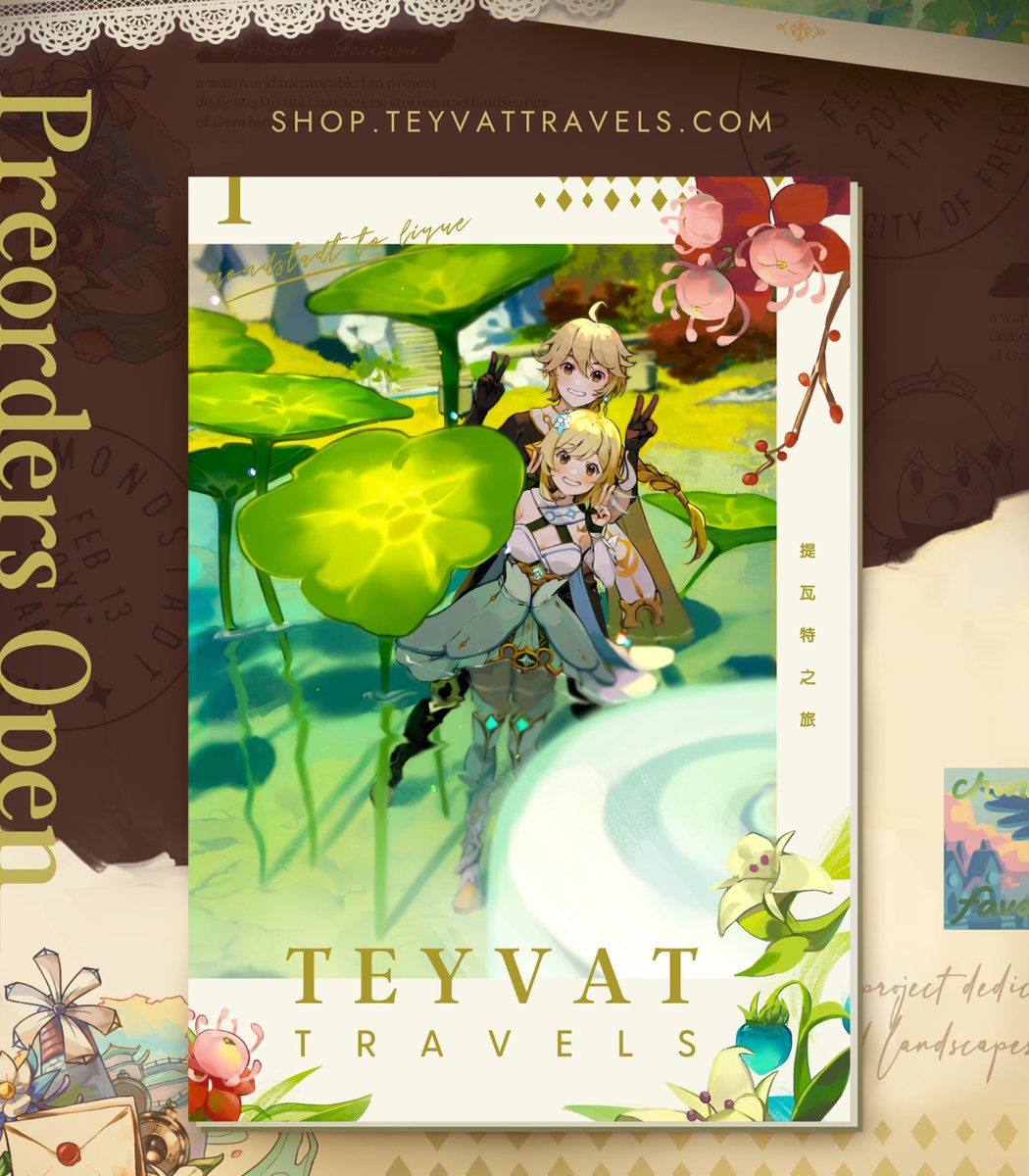 teyvat_travels's tweet photo. 🌏🛩PREORDERS OPEN
Preorders are open for Teyvat Travels, a Genshin Impact travel zine! From Mondstadt to Liyue, this collection of scenery and stories is sure to be a perfect companion for your next adventure!

🛒 https://t.co/yzFr0OKNm7

✨ RT to win a full bundle: rules below! https://t.co/csuuidGaOy