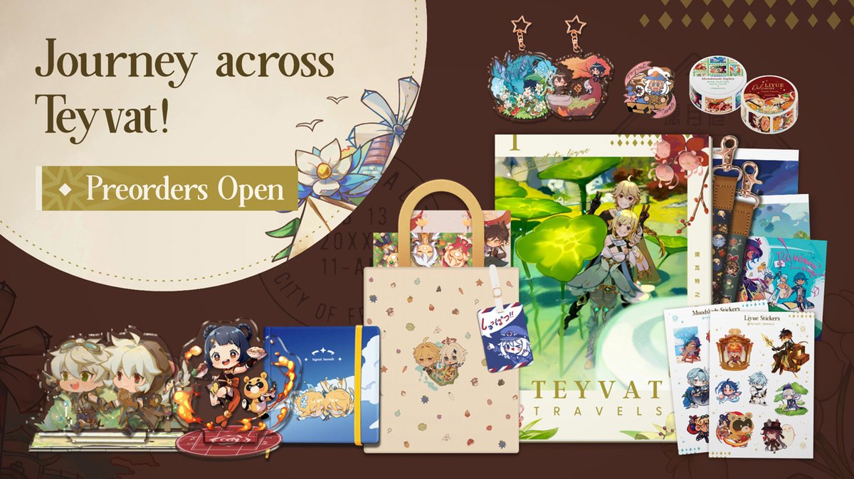 🌏🛩PREORDERS OPEN
Preorders are open for Teyvat Travels, a Genshin Impact travel zine! From Mondstadt to Liyue, this collection of scenery and stories is sure to be a perfect companion for your next adventure!

🛒 shop.teyvattravels.com

✨ RT to win a full bundle: rules below!