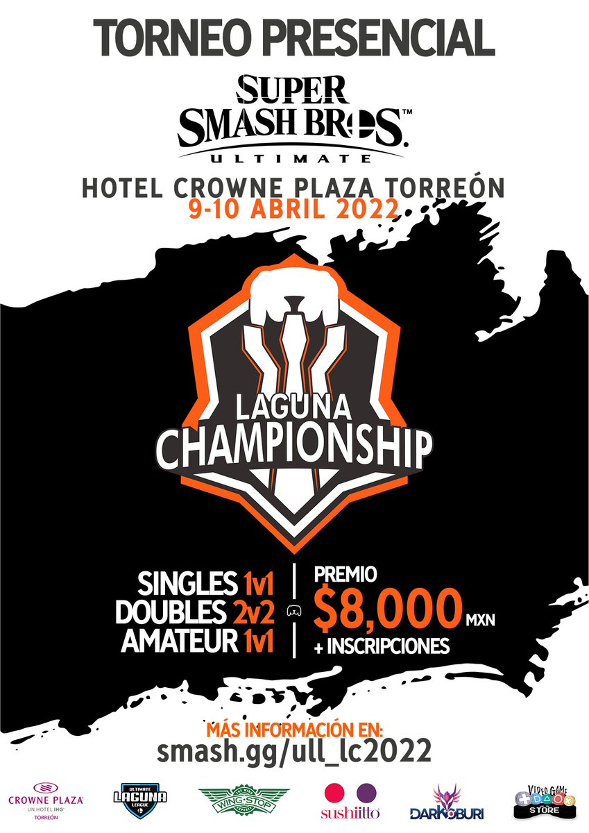 Nos da mucho gusto compartirles nuestro próximo evento presencial.
¡#LagunaChampionship será el torneo más grande que se ha hecho en la región!
🏆 $8,000 MXN asegurados
📆 9 y 10 abril 2022
📍 Hotel Crowne Plaza Torreón
Inscripciones en: smash.gg/ull_lc2022