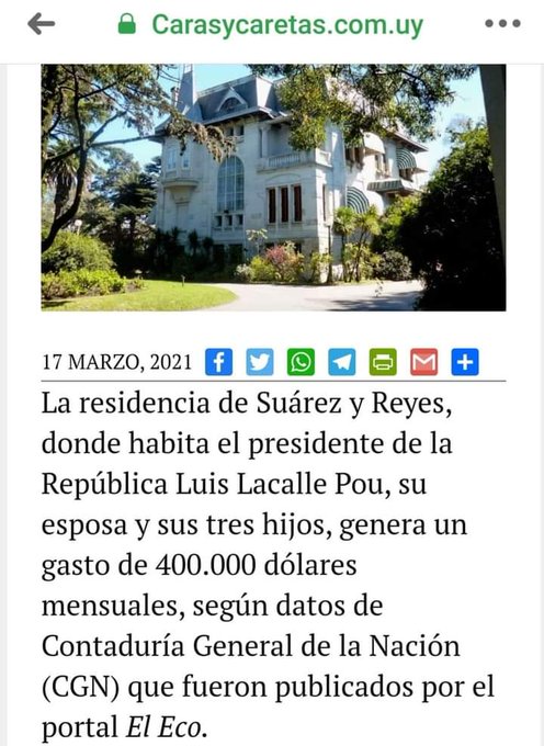 AmestoyCesar's tweet photo. Cuando publique que los 5 integrantes que viven en la Residencia de Suarez y Reyes le salían 80 mil U$S c/u  por mes al pueblo Uruguayo; la derecha rancia y reaccionaria uruguaya me decían que mentía y mostraban facturas y ahora quiero saber que van a decir ya  que lo dice la CGN https://t.co/7EsqqPgxWL