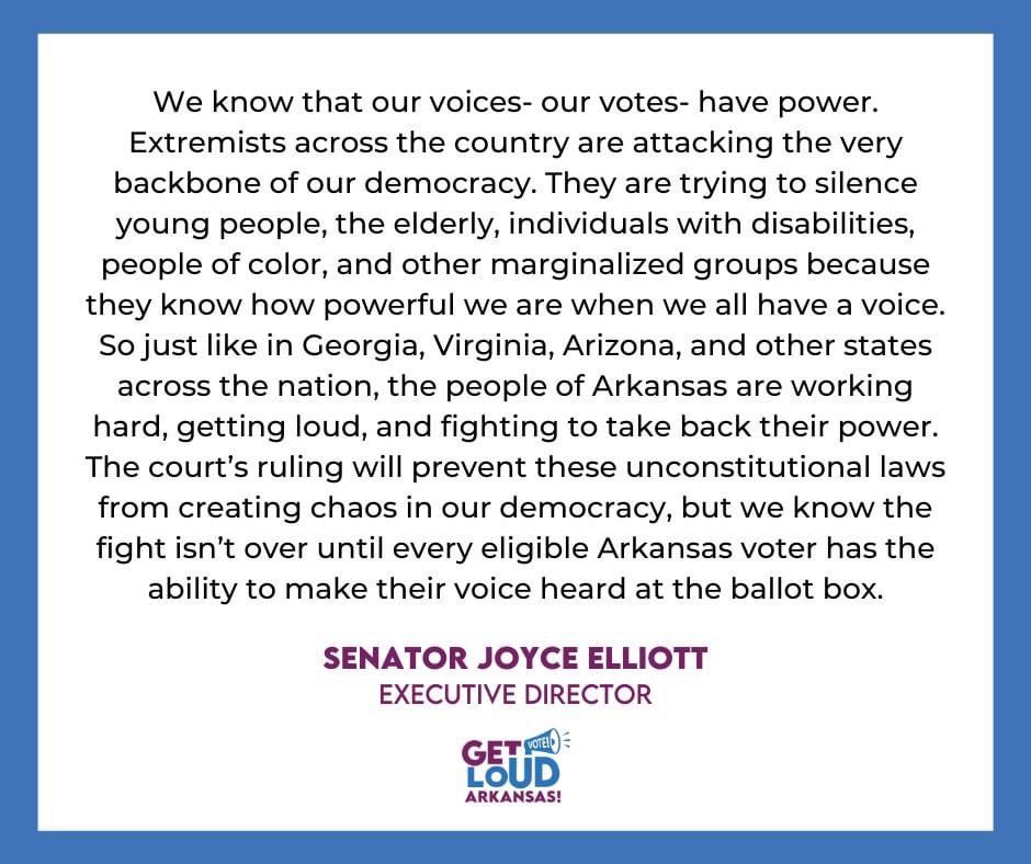 GetLoudArkansas's tweet photo. GLA Executive Director @xjelliott statement on the circuit court ruling that found four separate Arkansas voting laws to be in violation of the state constitution.  #ARvotes https://t.co/soWADkzLpi