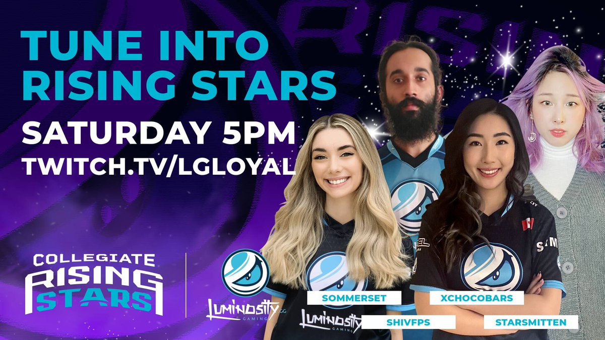 Luminosity's tweet image. 🌟The #RISINGSTARS finale judges are STACKED🌟

🌟@xChocoBars 🌟@ShivFPS 🌟@TheSommerset &amp;amp; 🌟@starsmitten_ will have the difficult decision of deciding who will win a $100k contract w/ Luminosity &amp;amp; earn the title of the Rising Stars CHAMP!

🕔5pm ET
📺twitch.tv/lgloyal