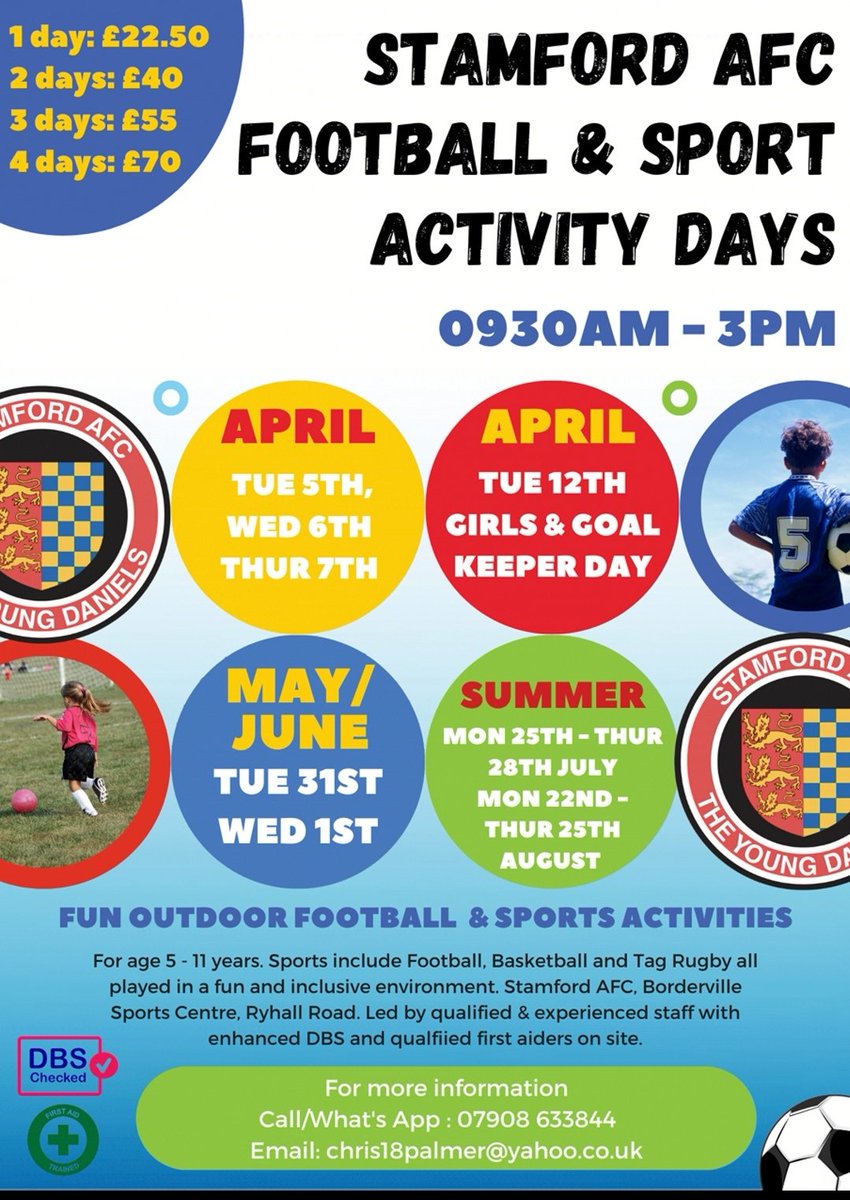Easter is around the corner and we have some eggxiting, sport camps <a href="/StamfordAFC1896/">Stamford AFC</a>

We still have a few spaces left on the 5th, 6th, 7th but not many book early if you want to attend some eggstraspecial fun days 
<a href="/TheYoungDaniels/">Stamford AFC Young Daniels</a> @Mercury_JamesB