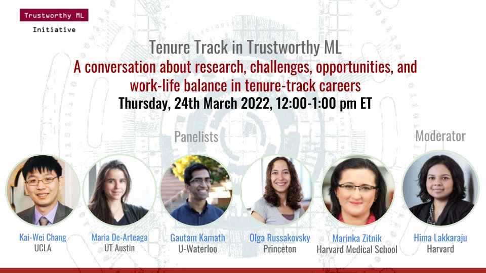 Trustworthy ML Initiative (TrustML) (@trustworthy_ml) on Twitter photo Late-breaking news! Come this Thursday 24th March, 12-1pm ET there will be a TrustML panel on Tenure Track in Trustworthy ML. We are so excited to have 5 panelists <a href="/kaiwei_chang/">Kai-Wei Chang</a> <a href="/mariadearteaga/">Maria De-Arteaga</a> <a href="/thegautamkamath/">Gautam Kamath</a> <a href="/orussakovsky/">Olga Russakovsky</a> <a href="/marinkazitnik/">Marinka Zitnik</a> and moderator <a href="/hima_lakkaraju/">𝙷𝚒𝚖𝚊 𝙻𝚊𝚔𝚔𝚊𝚛𝚊𝚓𝚞</a>! 1/2 Late-breaking news! Come this Thursday 24th March, 12-1pm ET there will be a TrustML panel on Tenure Track in Trustworthy ML. We are so excited to have 5 panelists <a href="/kaiwei_chang/">Kai-Wei Chang</a> <a href="/mariadearteaga/">Maria De-Arteaga</a> <a href="/thegautamkamath/">Gautam Kamath</a> <a href="/orussakovsky/">Olga Russakovsky</a> <a href="/marinkazitnik/">Marinka Zitnik</a> and moderator <a href="/hima_lakkaraju/">𝙷𝚒𝚖𝚊 𝙻𝚊𝚔𝚔𝚊𝚛𝚊𝚓𝚞</a>! 1/2