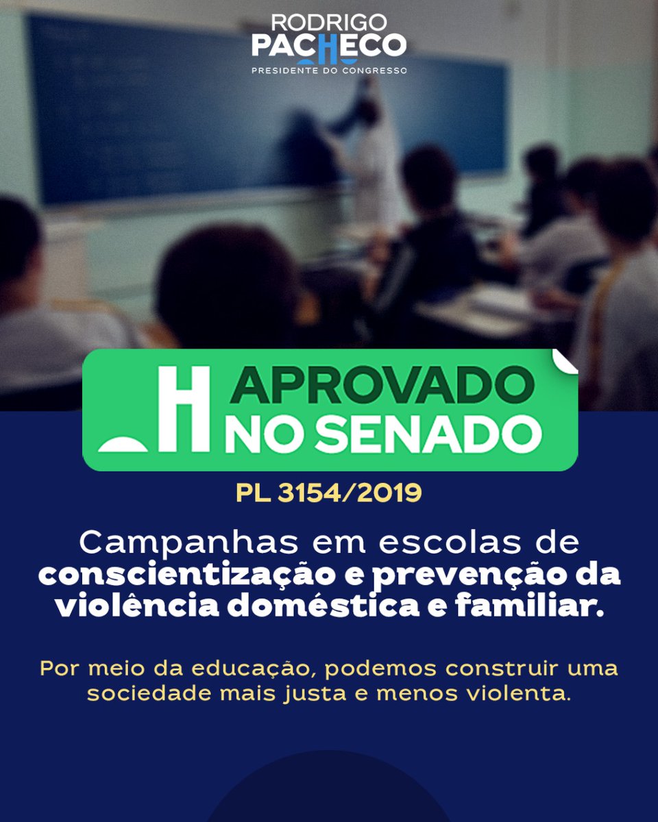 rodrigopacheco's tweet photo. O Senado segue aprovando projetos para combater a violência.
Foi aprovado no Plenário do Senado, o PL 3154/2019, que aprimora a Lei Maria da Penha para que escolas realizem campanhas de conscientização e prevenção da violência doméstica e familiar.
(1/4) https://t.co/DxojdvPOZV