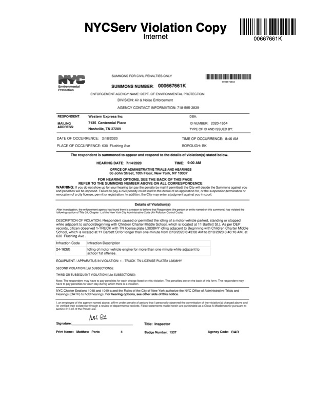 NycOath's tweet photo. Western Express (@WesternExInc) has an unpaid Oath Summons. They owe NYC $1,300 and the payment was due in 2020.  https://t.co/BPXTUf6lhT Summons #000667661K https://t.co/EwJrTBR6sc