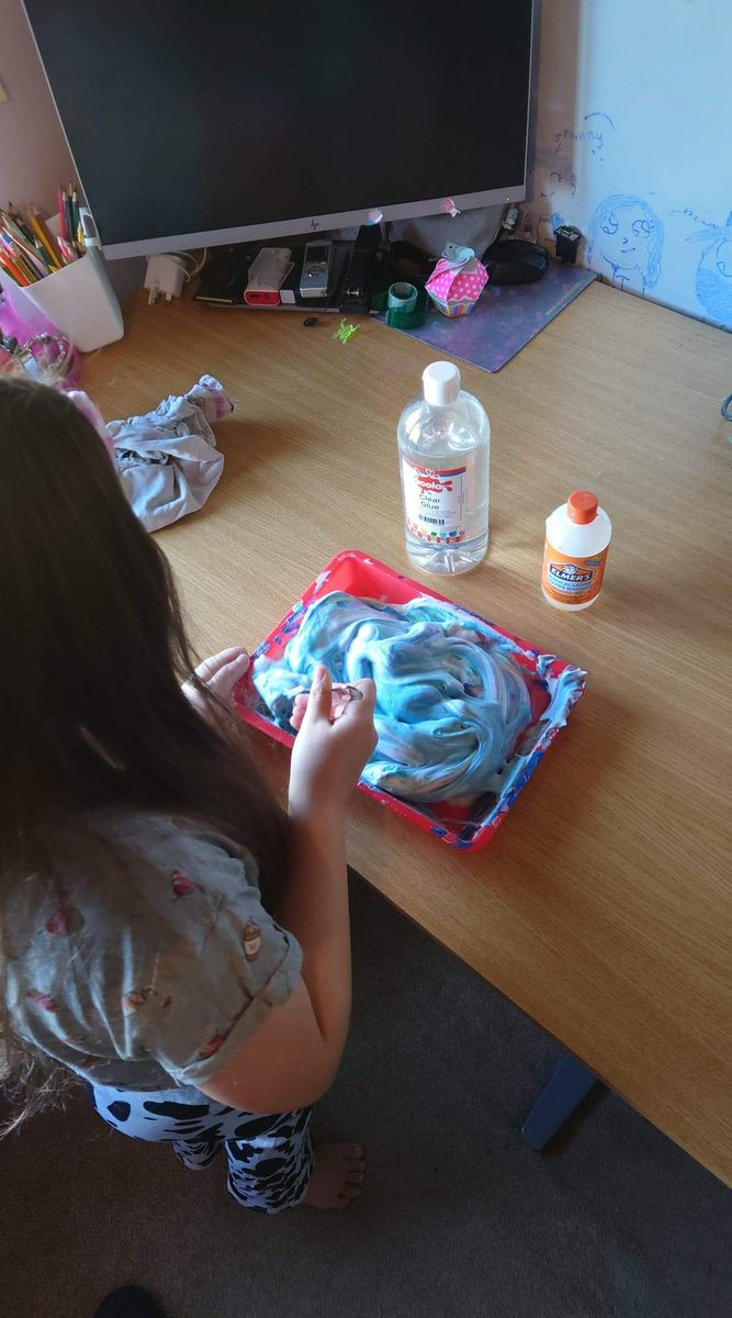 GracieRWilson's tweet photo. @DyslexiaScotlan Iona really enjoyed the art workshop today via Zoom. So did Bailey the cat! 😆
The leftover foam got turned into fluffy slime! 
Looking forward to next week. https://t.co/9rMJNCad0l