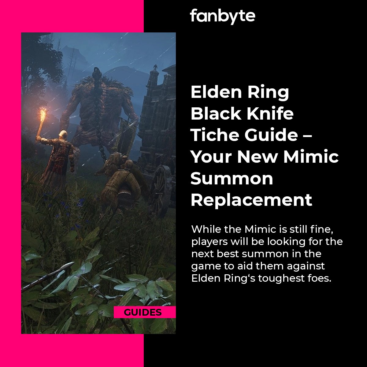 Image: A group of travelers escort a carriage pulled by a massive troll, led by a knight with a torch to illuminate the night. Text reads: Elden Ring black knife Tiche guide: your new Mimic Summon replacement. While the Mimic is still fine, players will be looking for the next best summon in the game to aid them against Elden Ring's toughest foes.