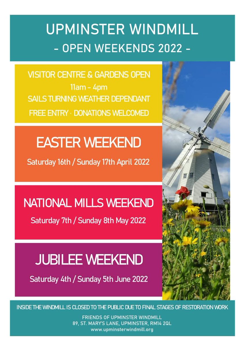We are delighted to announce the first of our Open Weekends for 2022!

The visitor centre and award-winning gardens are open for the Easter, National Mills and Jubilee Weekends.

The sails will be turning if the weather allows!

More dates to be added soon. Follow us for updates!