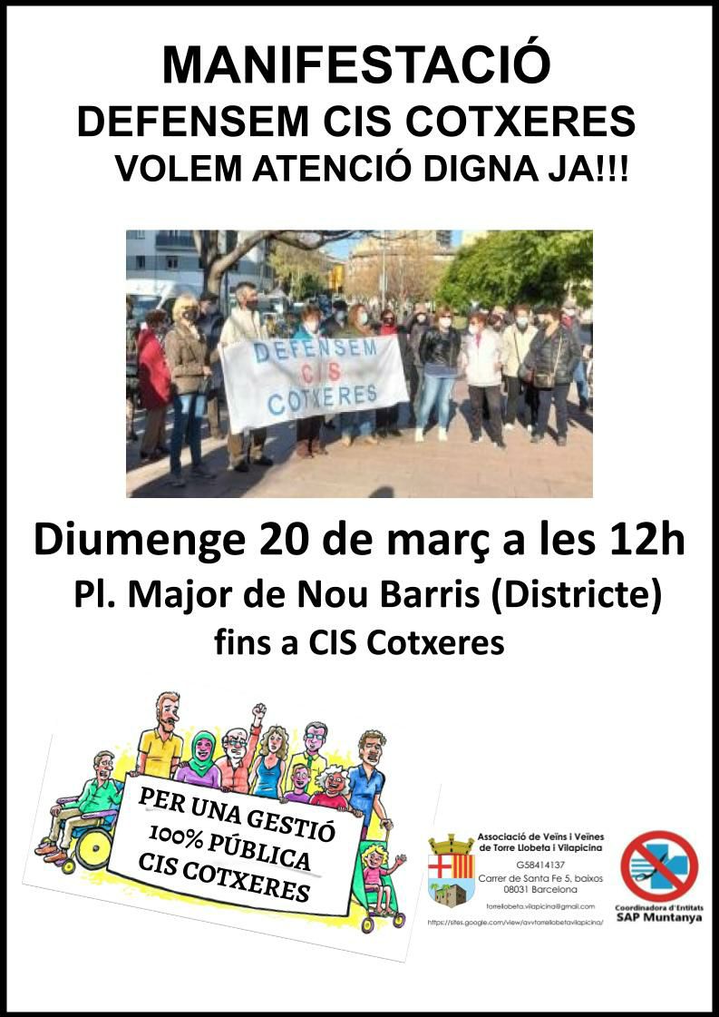 #DefensemCISCotxeres #noubarris Veïns i veïnes ens trobem amb alegria i força el 20 de març a 12h a Pl Major de Nou Barris...per la salut!!
