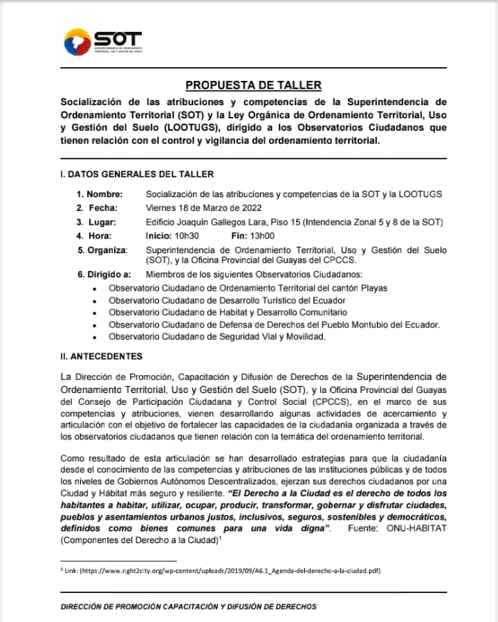 Nuestro subcoordinador nacional <a href="/PabloJijon/">PEDRO PABLO JIJÓN</a>, participó en el taller organizado por el <a href="/Sot_Ecuador/">SOT Ecuador</a>; dirigido a los Observatorios Ciudadanos con influencia en el control y vigilancia del ordenamiento territorial.