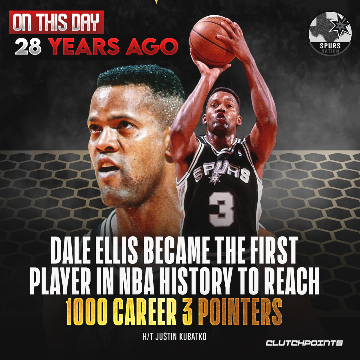 SpursNationCP's tweet photo. During his retirement, Dale Ellis’ 1,719 Career made 3 pointers was ranked 2nd in NBA history. Now? He is at number 28 👀

How the game evolved! https://t.co/uy5cjTugYB