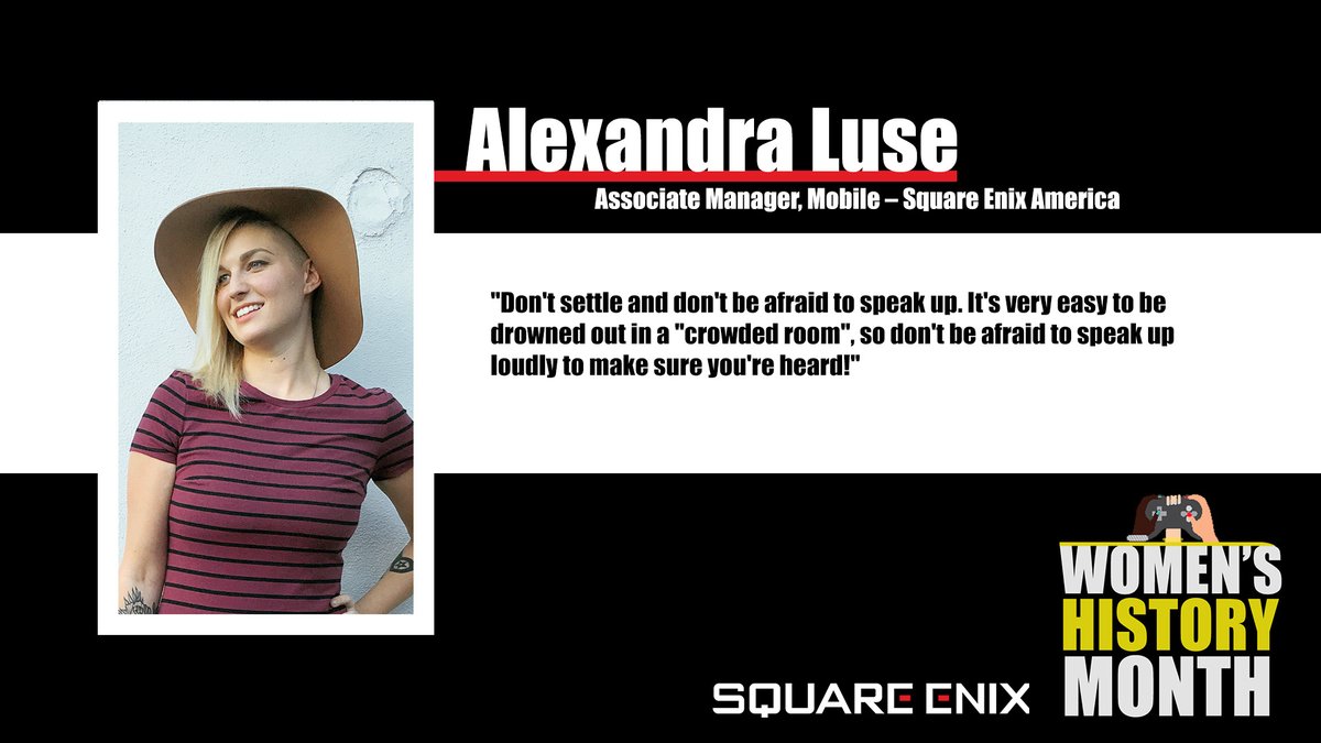 SquareEnix's tweet photo. We continue celebrating #WomensHistoryMonth here at Square Enix. Meet Alexandra Luse - Associate Manager, Mobile, Square Enix America

Read more: https://t.co/wRwmzVigjw

#BreakTheBias #IWD2022 https://t.co/mMvHp1J7d1