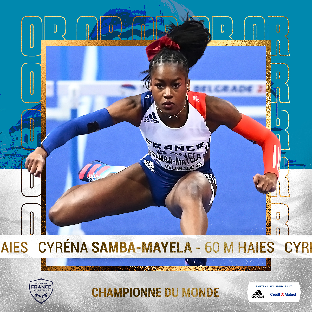FFAthletisme's tweet photo. 🥇 𝗖𝗛𝗔𝗠𝗣𝗜𝗢𝗡𝗡𝗘 𝗗𝗨 𝗠𝗢𝗡𝗗𝗘 !

🇫🇷 Cyréna Samba-Mayela remporte la finale du 60 m haies en 7''78 à Belgrade, nouveau record de France ! Magnifique !

💻 Suivez les #WorldIndoorChamps en 𝗗𝗜𝗥𝗘𝗖𝗧 sur https://t.co/63xdTVLhtA. https://t.co/0txWqVcHBX
