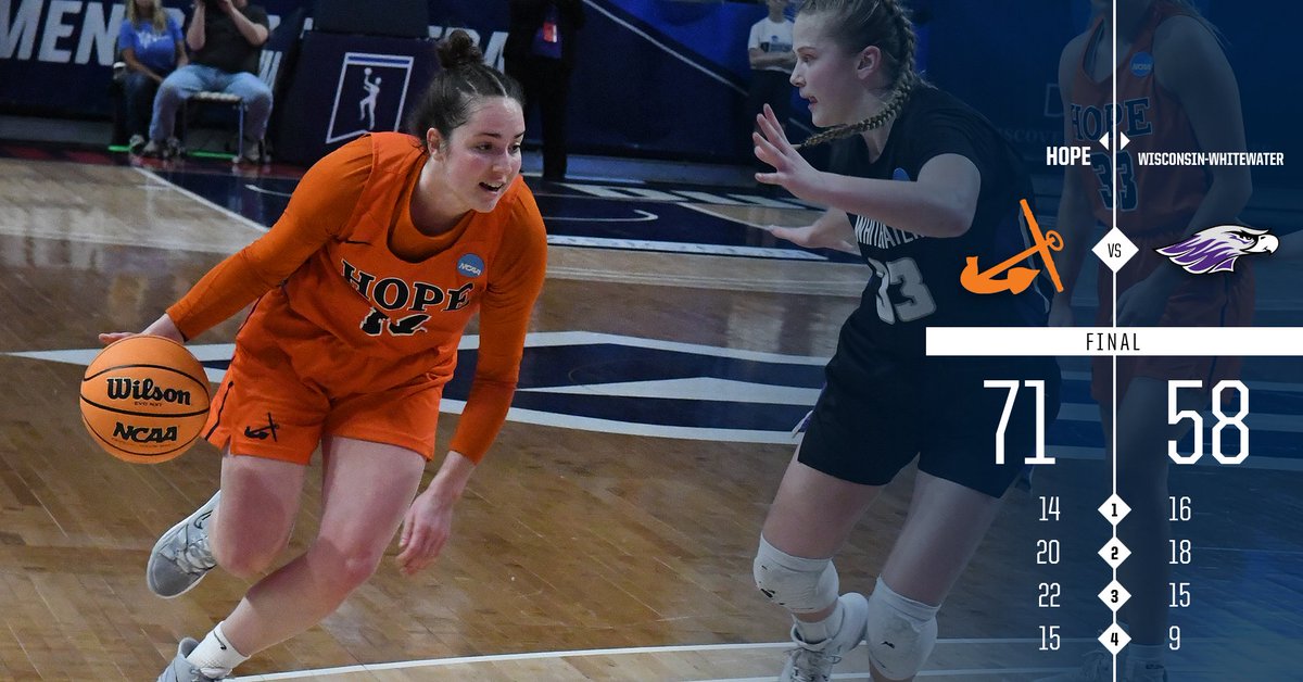 VICTORY!Hope 71, Wisconsin-Whitewater 58. The <a href="/HopeCollegeWBB/">Hope College WBB</a> team is the 2022 <a href="/NCAADIII/">NCAA Division III</a> Women's Basketball Champions! Ella McKinney had a team-high 21 points and Sydney Muller chipped in 18 points for the win. 

#BeStrongBeTrue #d3hoops
