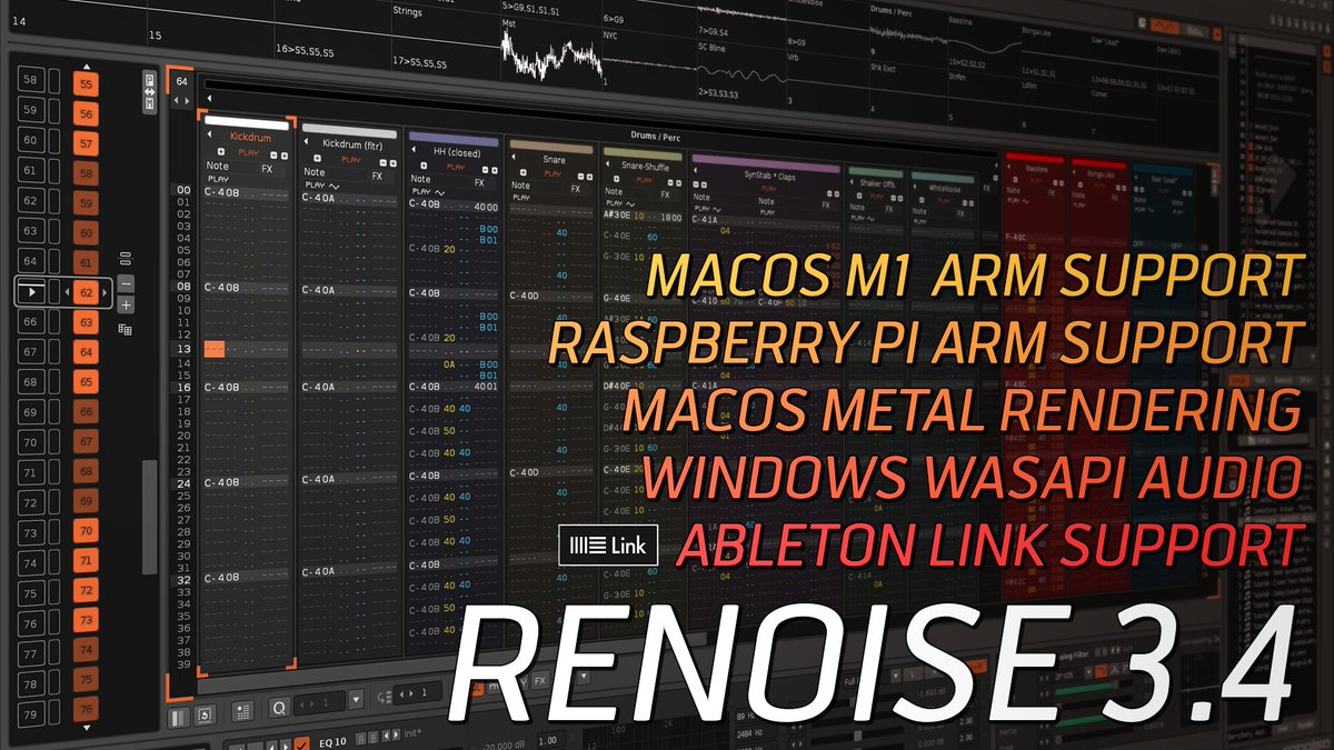 renoise's tweet photo. We are pleased to announce the release of Renoise 3.4 &amp; Redux 1.3 - https://t.co/yaHxMDXkWF

Main features:
    • MacOS M1 ARM Support
    • Raspberry PI ARM Support
    • MacOS Metal Rendering
    • Windows WASAPI Audio
    • Ableton Link Support https://t.co/M5JBVRuAyP