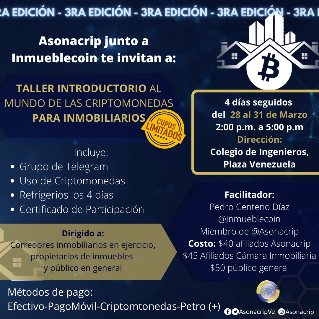 AsonacripVe's tweet photo. #CRIPTOEVENTO 📰 | ¡Atención🗣! Este 28/03 participa en este nuevo Taller CriptoInmobiliario en alianza con nuestros amigos de @inmueblecoin exclusivo para inmobiliarios en ejercicio, propietarios de inmuebles y público en general. 

Más información en: https://t.co/CMF7fIfydM… https://t.co/vtb8KEaouW