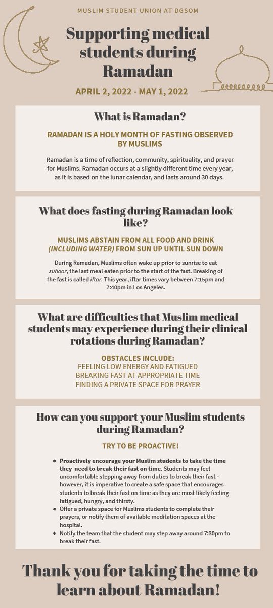 Reem Karmouta, MD (@reemka_97) on Twitter photo Ramadan is coming up - check out this infographic @nuhakhalfay and I made on how to support your med students who may be fasting on rotations! <a href="/dgsomucla/">David Geffen School of Medicine at UCLA</a> Ramadan is coming up - check out this infographic @nuhakhalfay and I made on how to support your med students who may be fasting on rotations! <a href="/dgsomucla/">David Geffen School of Medicine at UCLA</a>