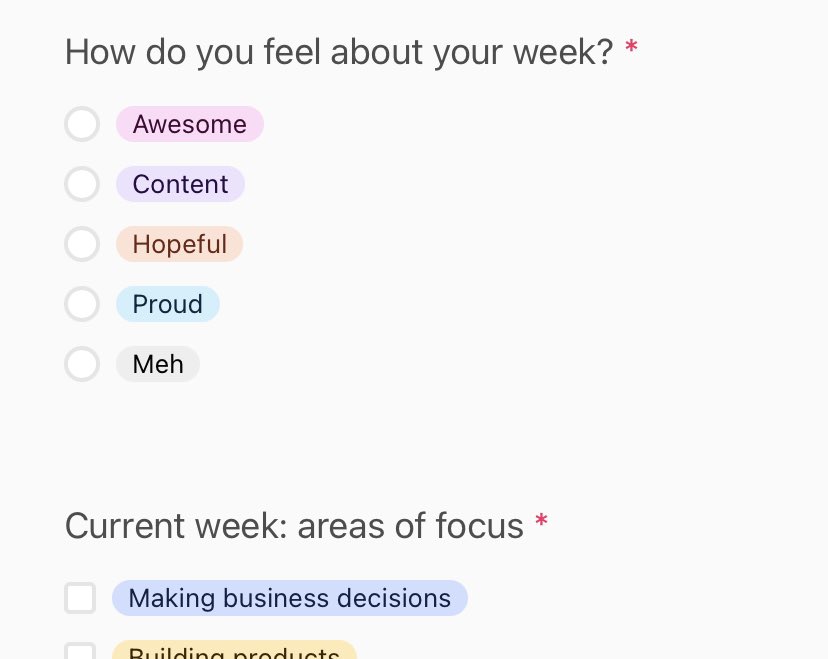 ✨#nocode ops for us: simple tool to help our team with reflections &amp; planning

1. Form <a href="/airtable/">Airtable</a> 
2. Reminder Fridays 4pm to our channel <a href="/SlackHQ/">Slack</a> 
3. Automation <a href="/zapier/">Zapier</a>