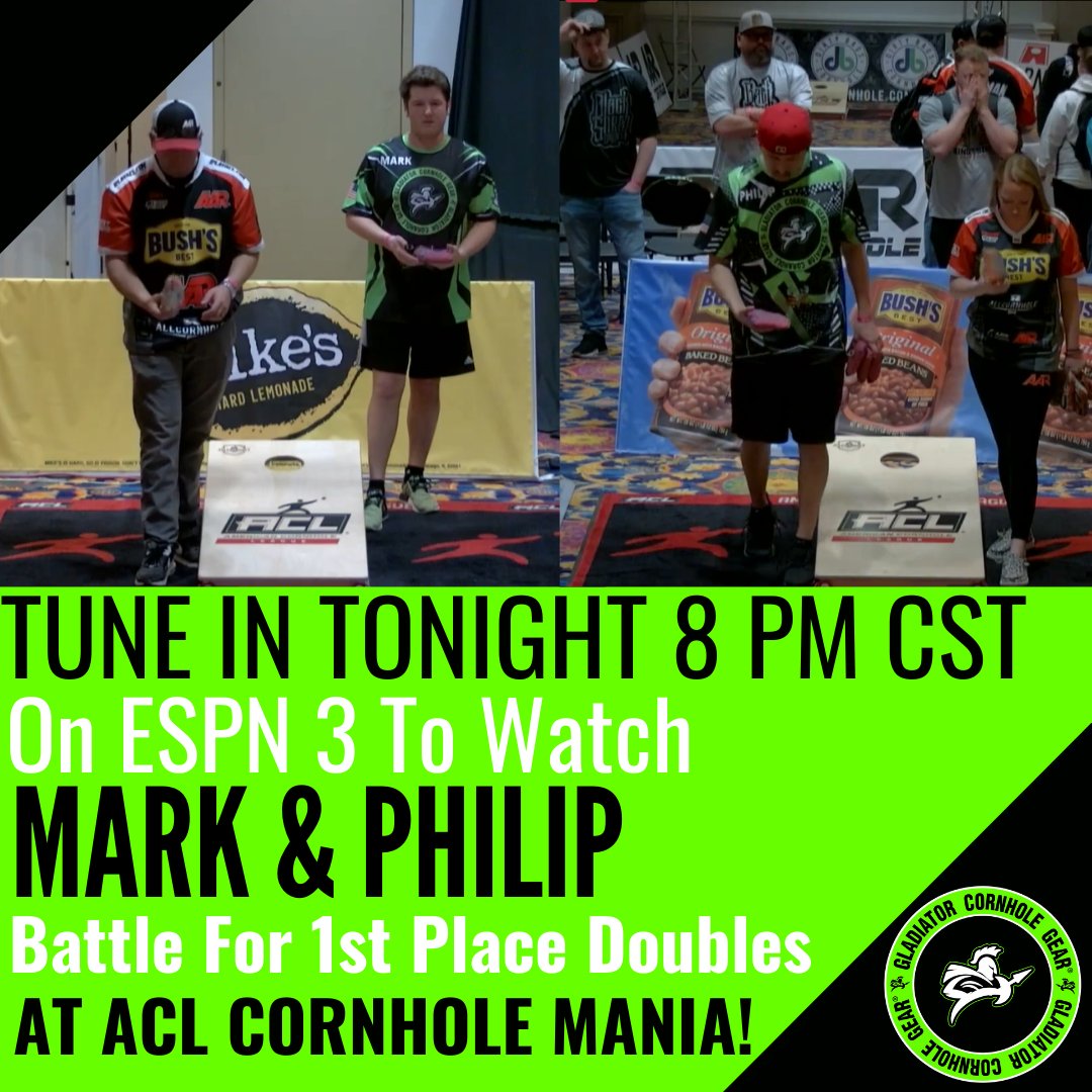 GCGCornhole's tweet photo. Mark Richards & Philip Lopez Jr are heading to battle tonight at 8 PM CST on ESPN 3 to claim there spot as #1 in Doubles at the ACL Cornhole Mania! Congrats guys on the weekend so far! We are routing for you!
#gladiatorcornholegear #aclpro #aclcornholemania #cornhole https://t.co/3EPtrUrcp1