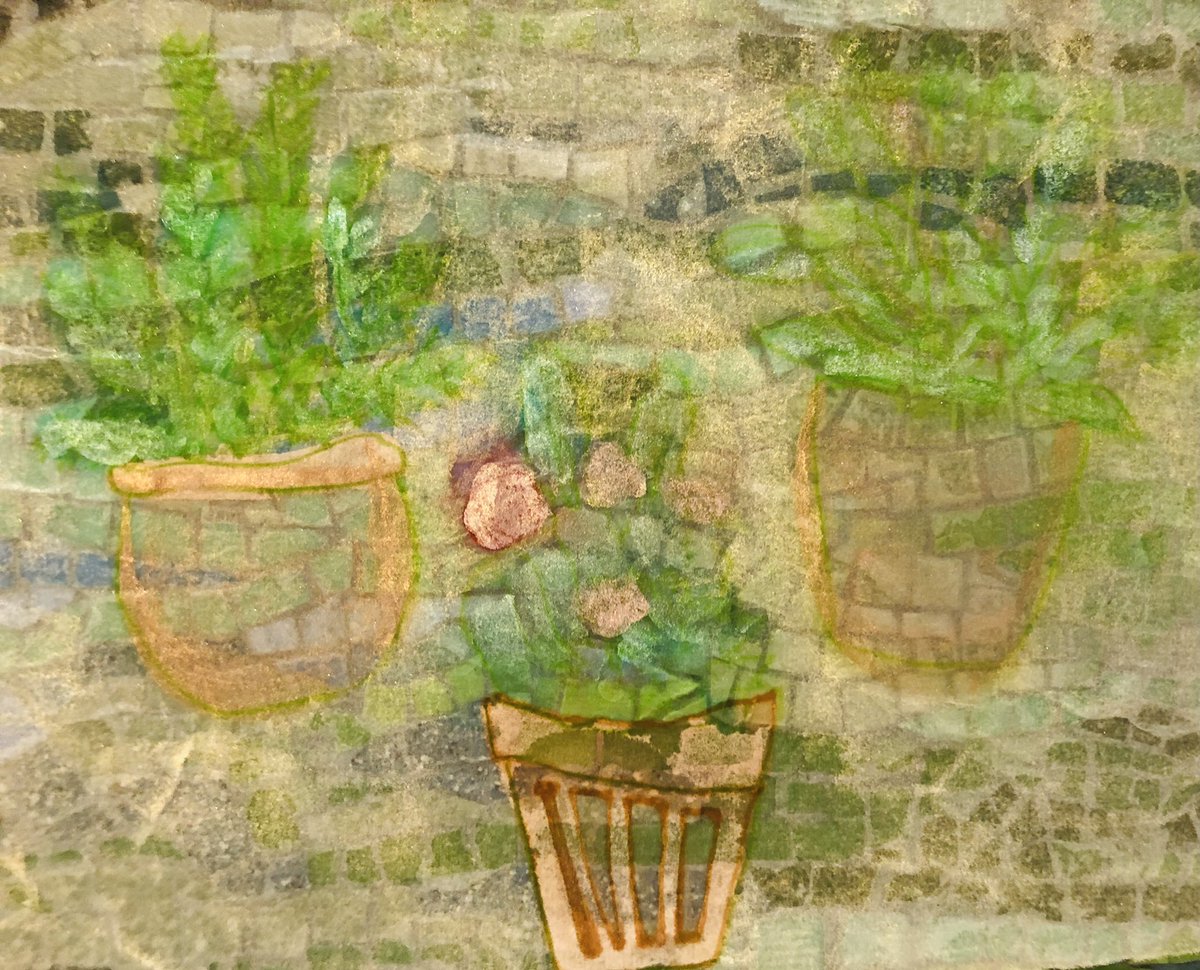 “On the Veranda” #art #ricepaper #vacationart #pottedplants #mixedmedia #impressionism