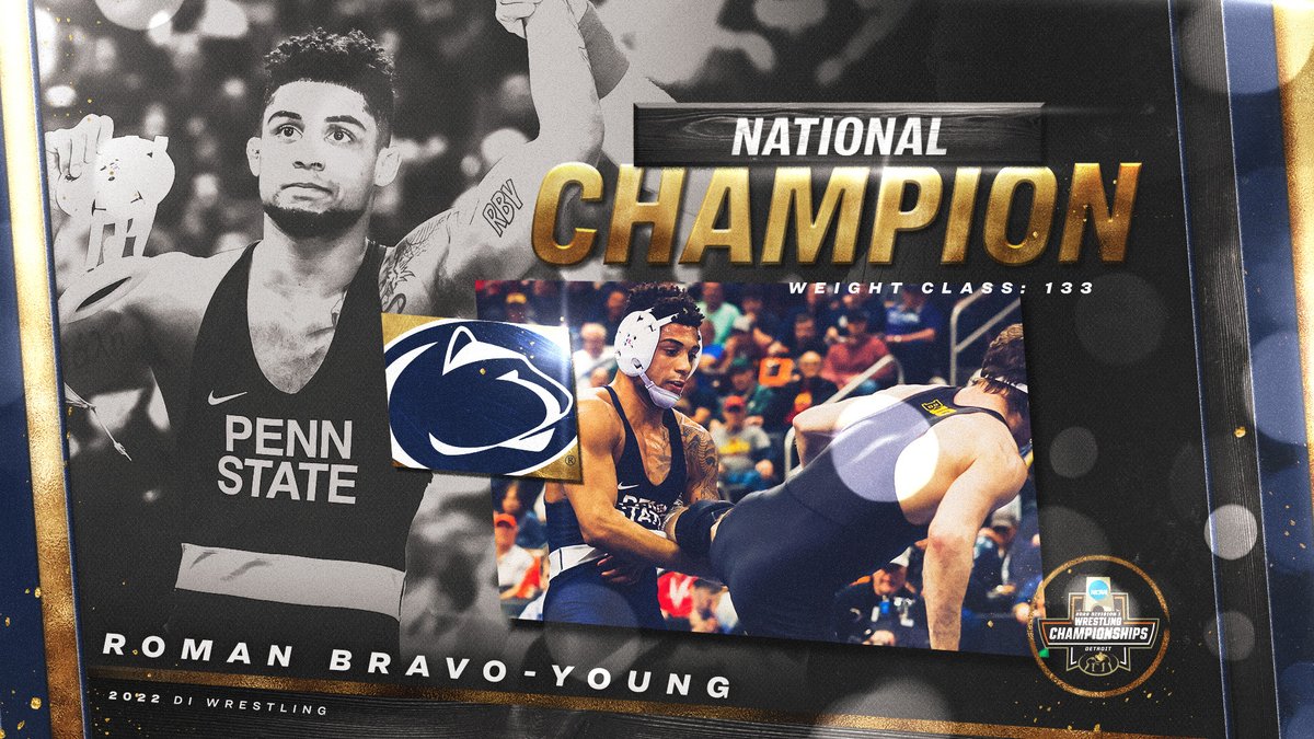 NCAAWrestling's tweet photo. 🏆 133 LB. CHAMPION 🏆

Roman Bravo-Young with back-to-back championships!

#NCAAWrestling x @pennstateWREST https://t.co/T6Kkc48RpY