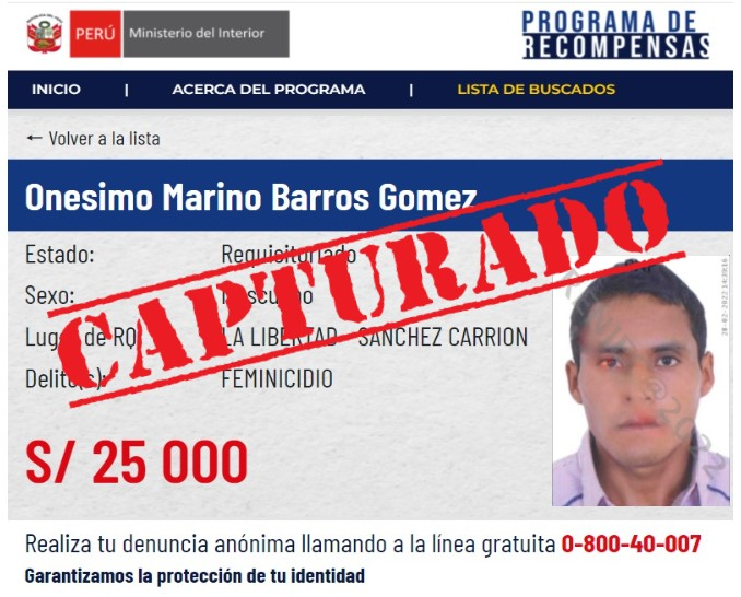 PoliciaPeru's tweet photo. #LaLibertad 📸 | Personal policial capturó a Onésimo Marino Barros Gómez, quien registra requisitoria vigente por el delito de feminicidio, y encontrarse incluido en la lista de #LosMásBuscados del programa de recompensas del @MininterPeru.
#SeguimosTrabajando https://t.co/noqRVtyCsH