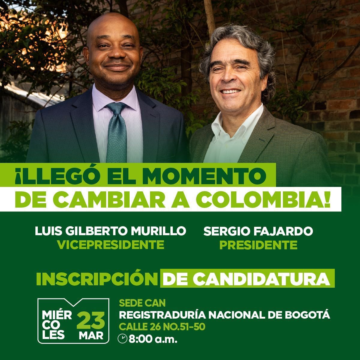 LuisGMurillo's tweet photo. Les invitamos a que nos acompañen este miércoles a inscribir nuestras candidaturas a la Presidencia y Vicepresidencia de #Colombia 🇨🇴

🗓️miércoles, 23 de marzo
🕘8:00 a.m.

Acompáñanos, aquí te puedes registrar https://t.co/DgWaaZBb1C

#ElPoderEstáEnLasRegiones https://t.co/oh5YGOLoxa