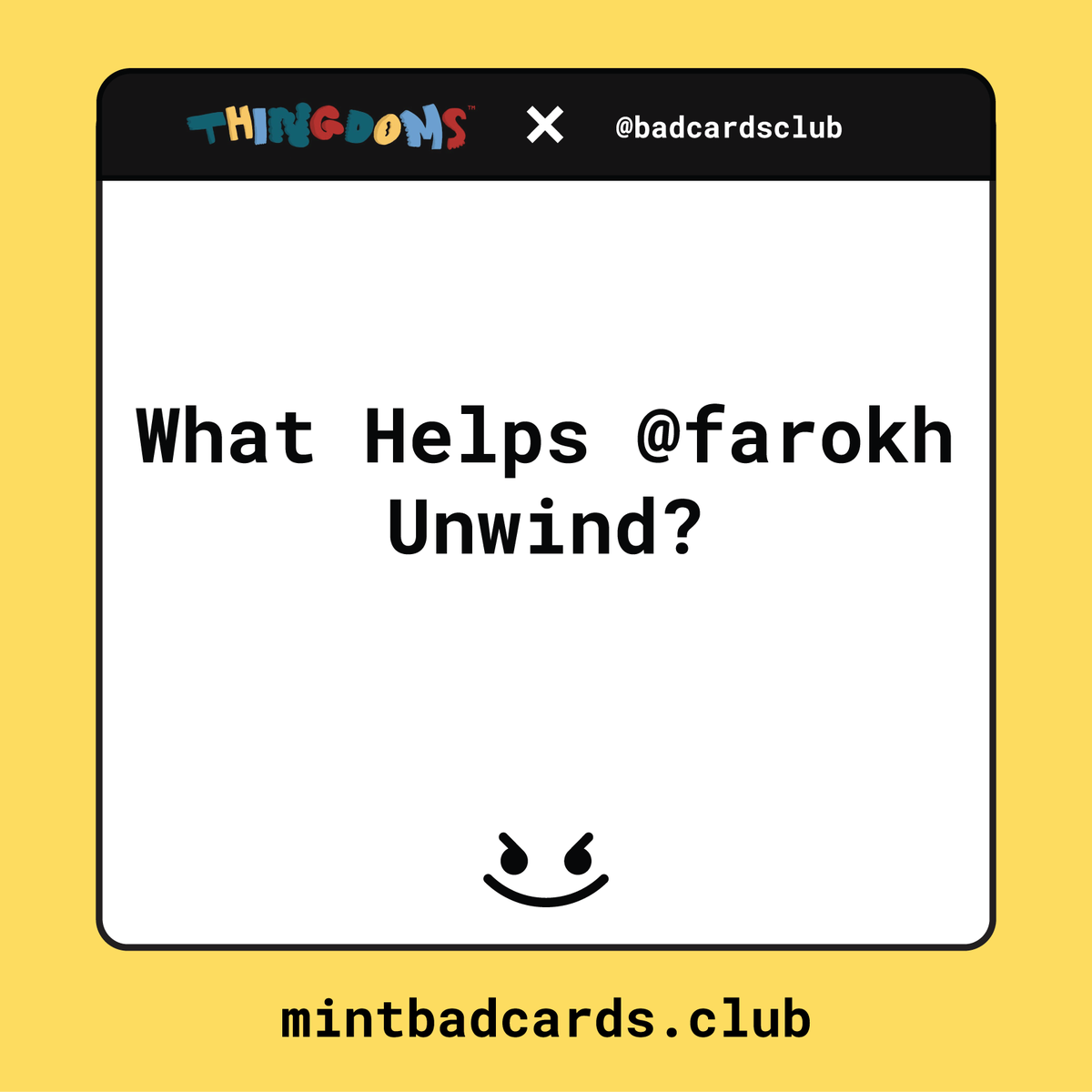 playbadcards's tweet photo. What Helps @farokh Unwind? #alphagamenight @badcardsclub x @thingdoms 

Join the party:
https://t.co/e0yNiEHvBr https://t.co/u57qgnZSuB