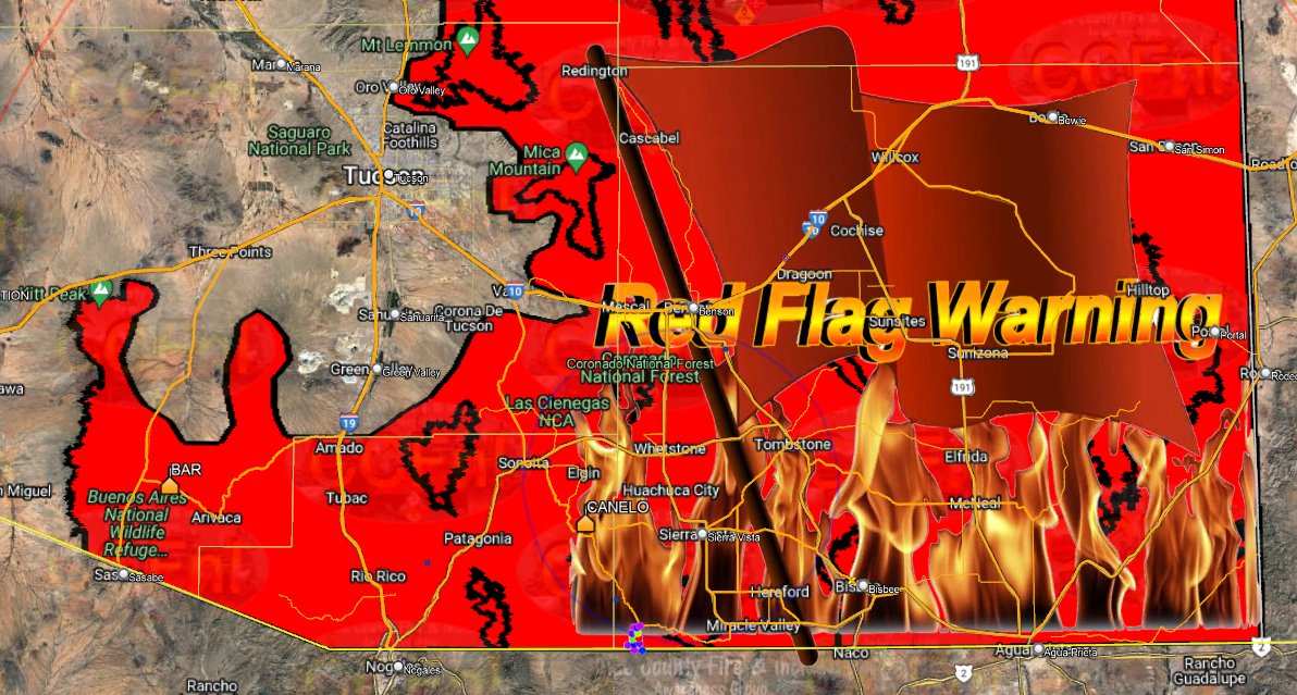 CCFirenIncident's tweet photo. #REDFLAGWARNING IN EFFECT FROM 11 AM TO 7 PM MST SUNDAY FOR GUSTY #WINDS #LOWRELATIVEHUMIDITY #HIGHFIREDANGER IN PORTIONS OF #FIREWEATHERZONE S 151, 152, AND 154...#CochiseCounty #SantaCruzCounty #PimaCounty #AzWx #NWSTucson  https://t.co/FycGoCLHWH https://t.co/nx5KAKJwz3
