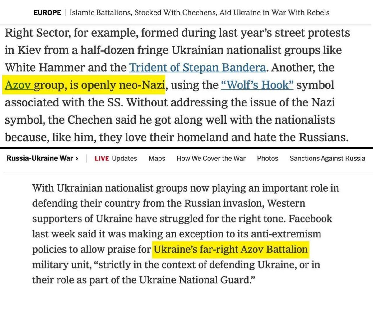 DadaShastoni's tweet image. Changing the tone of the #WesternPress about the #Ukrainian neo-Nazis The New York Times in 2015 called the #Azov a blatantly #NeoNazi. But now, in 2022 the newspaper calls the group the far right If this trend continues, it will probably be named as a right-wing and then a ...😂