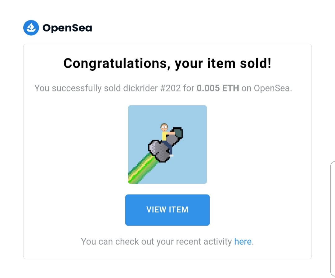 4 more dickrider sold,but i have a screen of 2  .❤🚀🚀🚀
opensea.io/Dickrider
#NFT #NFTs #NFTsales #NFTSold #NFTCommunity #NFTProject #NFTartist
