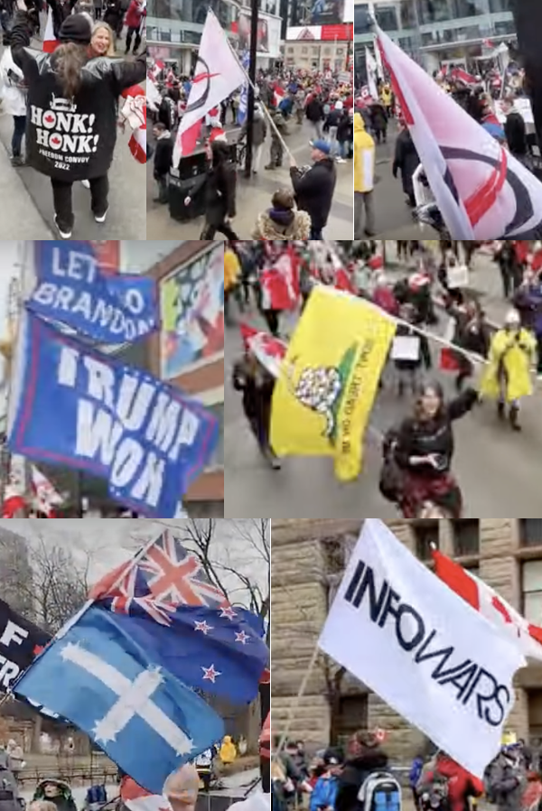 AnneYMous1's tweet photo. spot all the alt-right white supremacists flags at the #Toronto #FreeDumbConvoy #onpoli #antivaxxers #TimbitTaliban #FluTruckKlan #KarenConvoy #whiteprivilege https://t.co/Gz6pOXgnT7
