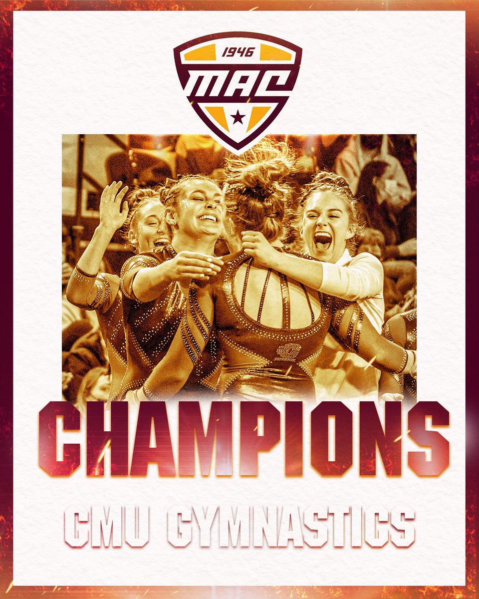 CMUGymnastics's tweet photo. CONGRATS to CMU for winning the MAC Championship with a 196.275. NIU is in second with a score of 196.125, WMU is in third with a score of 196.075, BSU is in fourth with 195.900,  KSU is fifth with 195.325, EMU is sixth with 195.025 &amp; BGSU is seventh with 192.550.  
#FireUpChips https://t.co/gSW5dmN2Y2