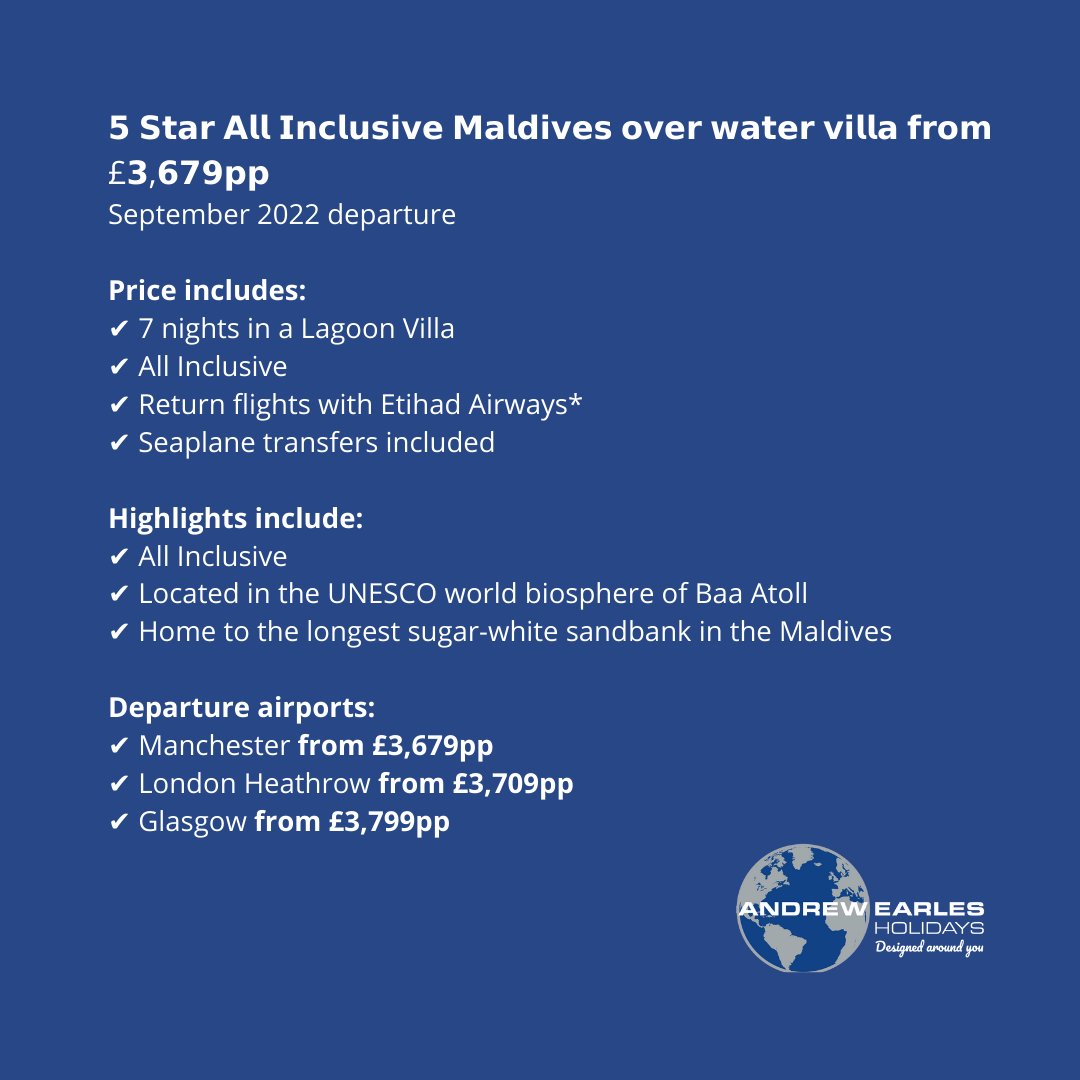 🏝𝟱 𝗦𝘁𝗮𝗿 𝗔𝗹𝗹 𝗜𝗻𝗰𝗹𝘂𝘀𝗶𝘃𝗲 𝗠𝗮𝗹𝗱𝗶𝘃𝗲𝘀 𝗼𝘃𝗲𝗿 𝘄𝗮𝘁𝗲𝗿 𝘃𝗶𝗹𝗹𝗮 𝗳𝗿𝗼𝗺 £𝟯,𝟲𝟳𝟵𝗽𝗽 ✈️September 2022 departure 🏝
Jet off to Maldives this September &amp; treat yourself to a 5 Star escape at the incredible 𝗙𝗶𝗻𝗼𝗹𝗵𝘂 𝗕𝗮𝗮 𝗔𝘁𝗼𝗹𝗹 𝗠𝗮𝗹𝗱𝗶𝘃𝗲𝘀