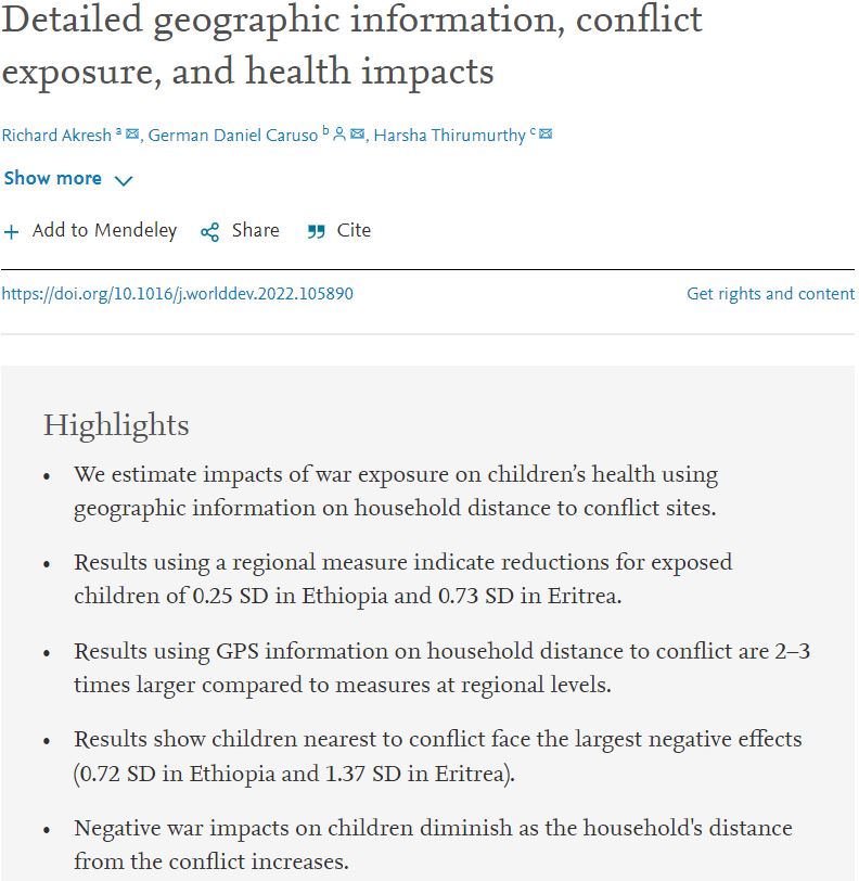 What is the real impact of a #war on #humancapital? In our paper @WorldDevJournal (with @RichardAkresh & @hthirumurthy) we show that results using data on household distance to the ETH-ERI conflict are 2-3 times larger compared to the ones using traditional regional level data