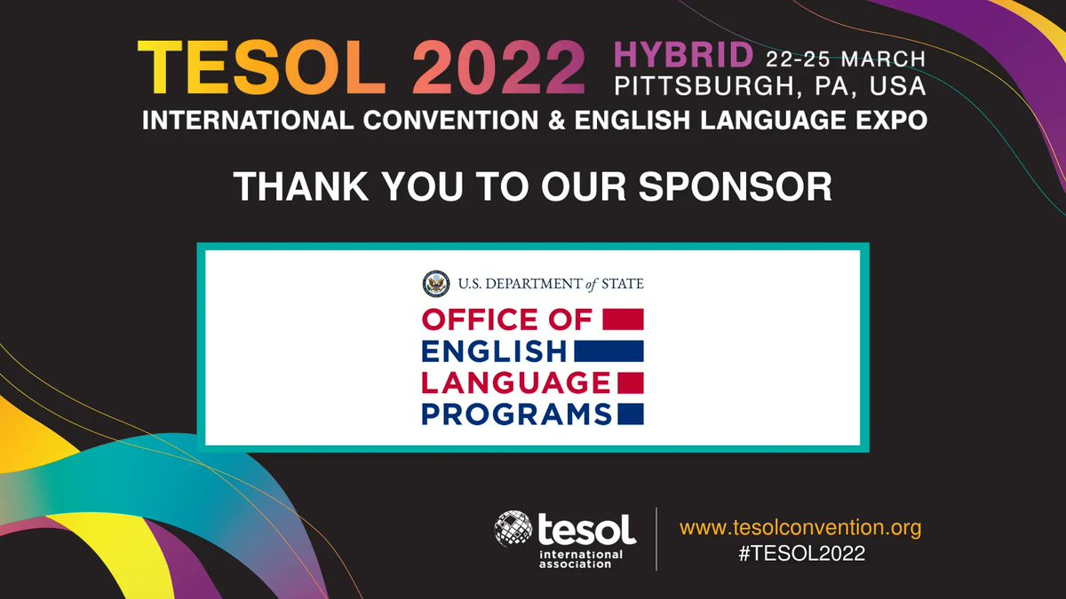 TESOL_Assn's tweet photo. We appreciate the support of #TESOL2022 sponsor Office of English Language Programs! Are you interested in exchange opportunities &amp; utilizing English language resources with the U.S. Department of State? Visit Booth 123 &amp; online to learn more: https://t.co/WUEMWePmSp @ELPrograms https://t.co/2e6ZOVcJaG