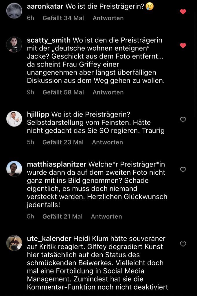 .<a href="/FranziskaGiffey/">Franziska Giffey</a> teilt auf ihrem Konto ein Foto von der Kunstpreisverleihung -ohne die Preisträgerin in unserer Weste! Zoë und viele andere fragen, warum sie aus dem Foto rausgeschnitten wurde. 

Du kannst uns ignorieren, aber wir sind überall <a href="/FranziskaGiffey/">Franziska Giffey</a> 😉